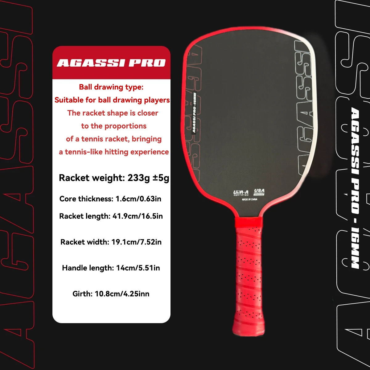 Agassi Pro IV 16mm Pickleball Paddle GEN 4 TFP Foam Core T700 Carbon Fiber Pickleball Rackets Increases Spin & Control