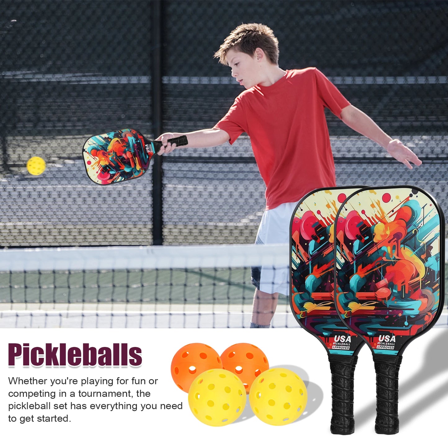Fiberglas Pickleball Rackets Set Pickleball Paddle Set of 2 Rackets and 4 Pickleballs Balls Pickle-Ball Racquet with Balls Sport