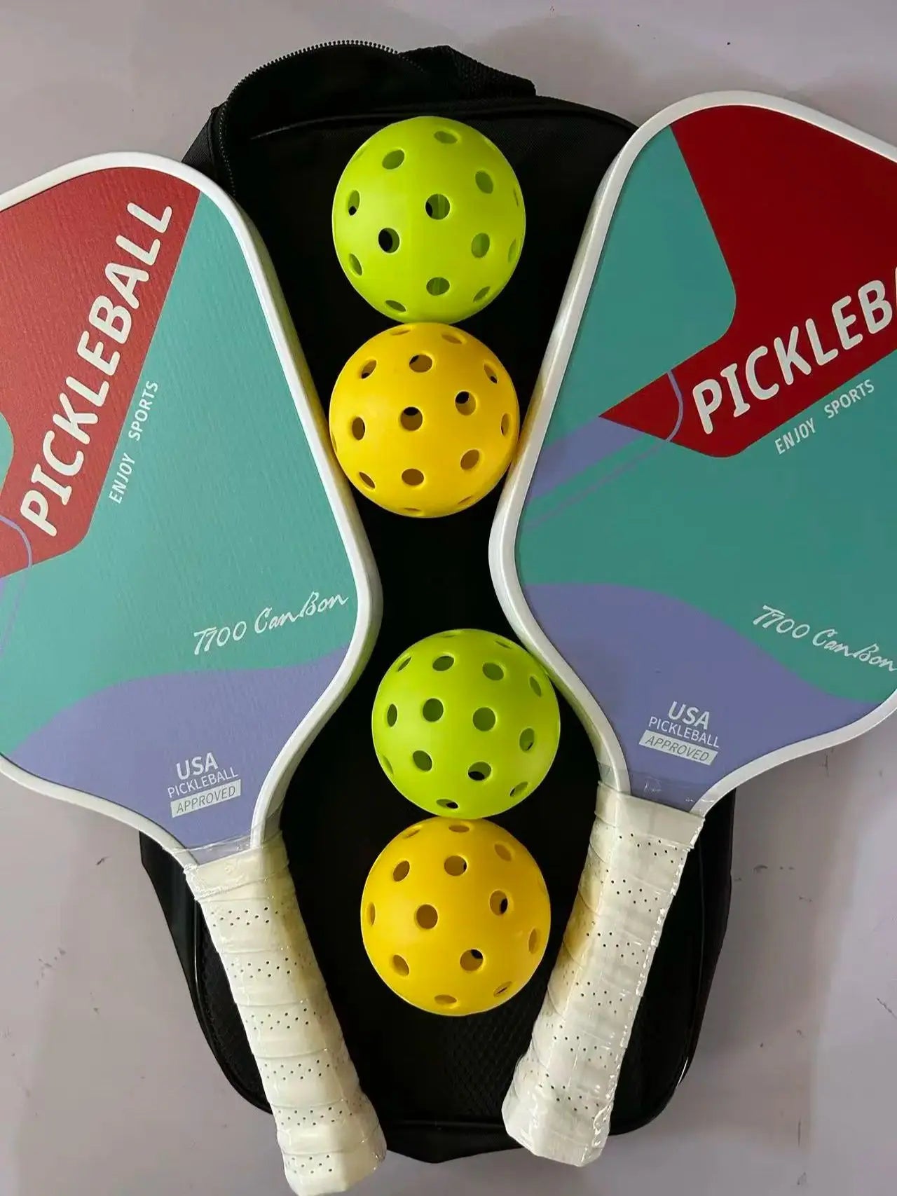 Offensive T700 Carbon Fiber Pickleball Paddle Set, 16mm Thick, including 4 Balls and a Storage Bag